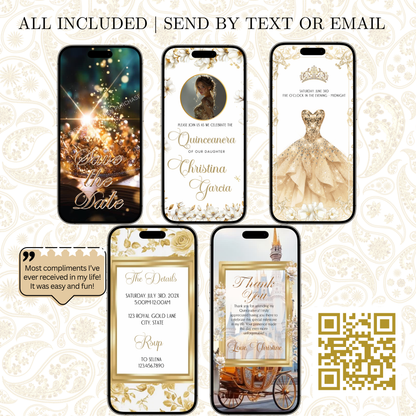 White and Gold Quinceañera Invitation | Royal Princess Video Invite with RSVP Website | Editable Canva Template | Elegant Gold Dress Sweet 16 Digital Evite