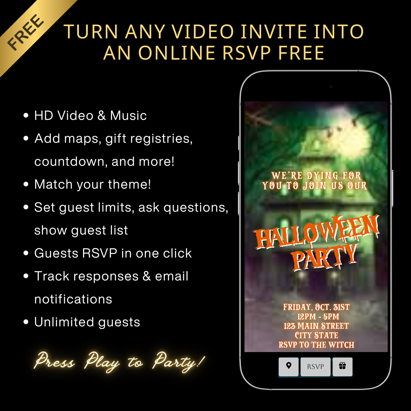 Halloween-Videoeinladung, animierte Einladung zum Spukhaus, bearbeitbare mobile Halloween-Partyeinladung