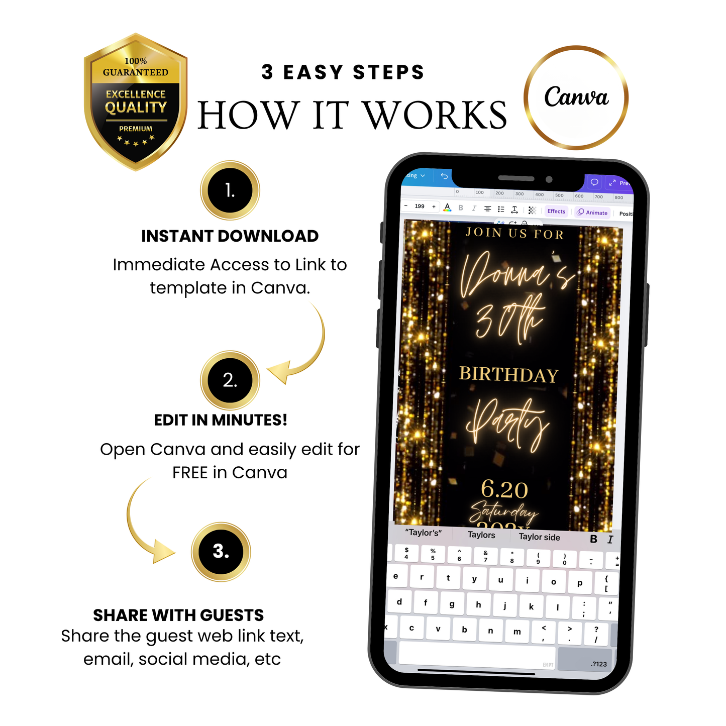 Gold Birthday Dinner Video Invitation | Digital Luxe Birthday Mobile Invite | Editable Animated Gold Glitter