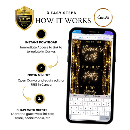 Gold Birthday Dinner Video Invitation | Digital Luxe Birthday Mobile Invite | Editable Animated Gold Glitter