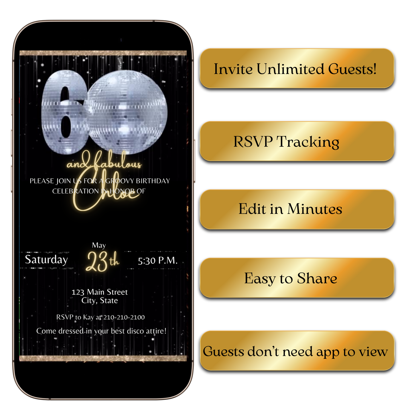 Groovy 60th birthday video invite with disco theme