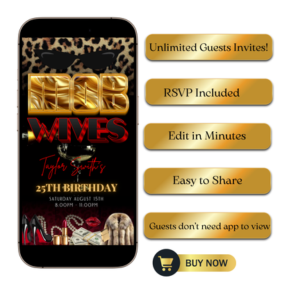 Editable mob wives money and fur 25th birthday video invitation displayed on a mobile phone, featuring an animated vertical digital invite with music, created in Canva. This premium video invitation template is designed for sharing by text, email, and social media and works with an interactive RSVP website for easy guest response tracking.