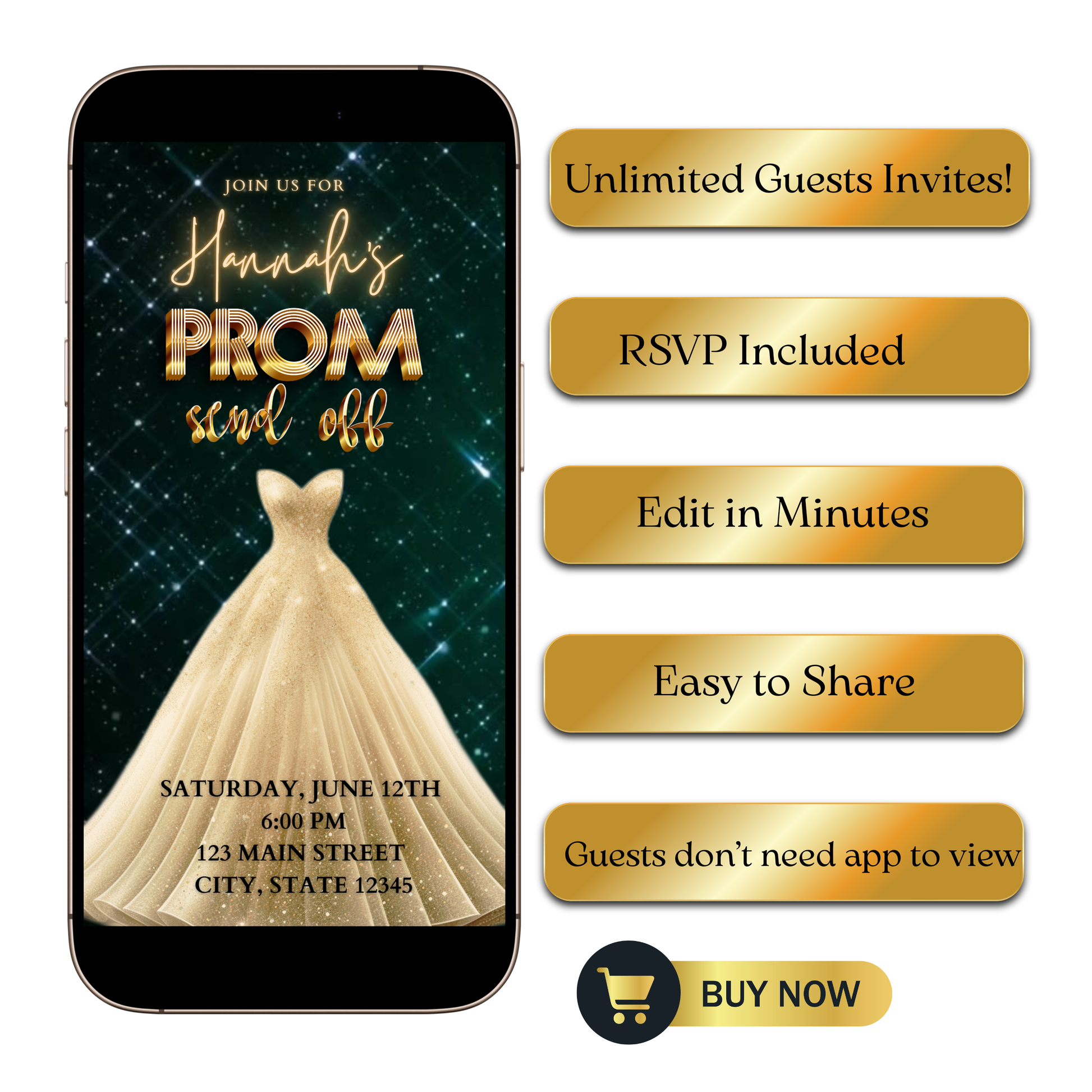 Editable emerald green gold prom send off video invitation displayed on a mobile phone, featuring an animated vertical digital invite with music, created in Canva. This premium video invitation template is designed for sharing by text, email, and social media and works with an interactive RSVP website for easy guest response tracking.