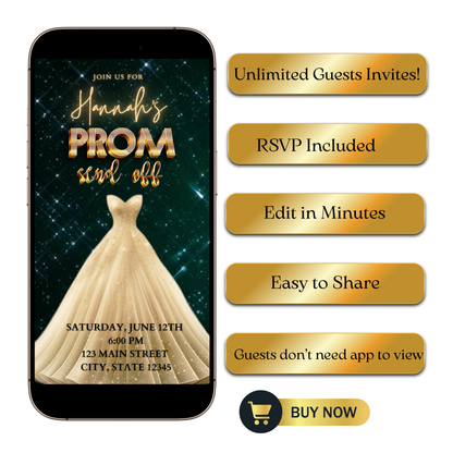 Editable emerald green gold prom send off video invitation displayed on a mobile phone, featuring an animated vertical digital invite with music, created in Canva. This premium video invitation template is designed for sharing by text, email, and social media and works with an interactive RSVP website for easy guest response tracking.