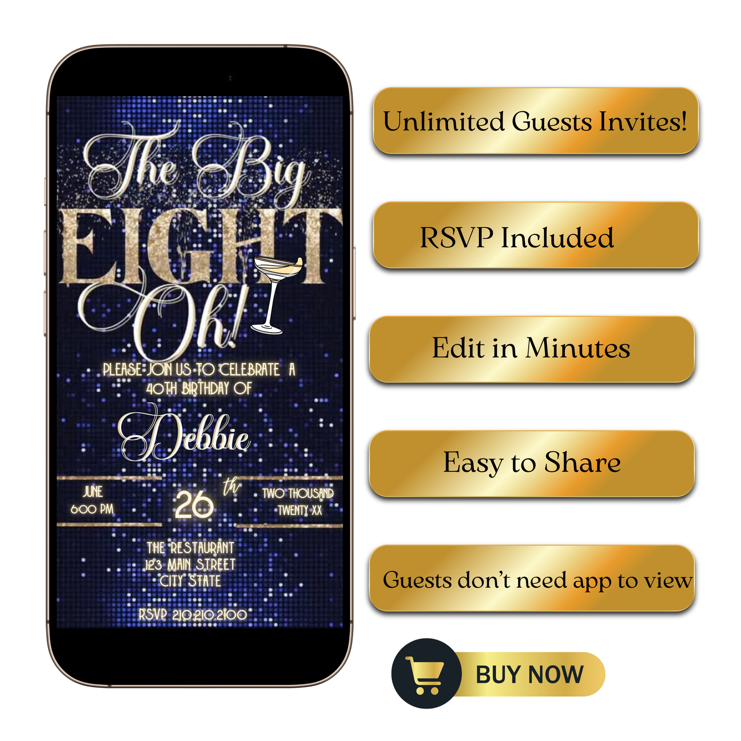 Editable navy blue glitter cocktail 80th birthday video invitation displayed on a mobile phone, featuring an animated vertical digital invite with music, created in Canva. This premium video invitation template is designed for sharing by text, email, and social media and works with an interactive RSVP website for easy guest response tracking.