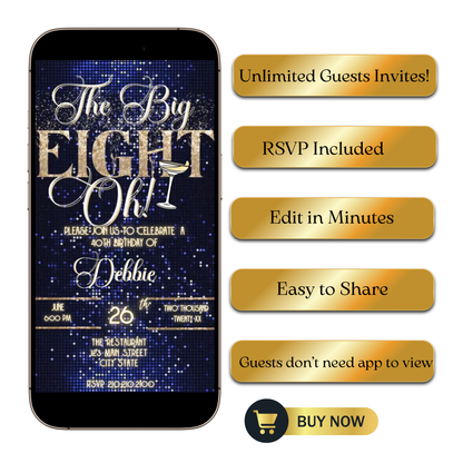 Editable navy blue glitter cocktail 80th birthday video invitation displayed on a mobile phone, featuring an animated vertical digital invite with music, created in Canva. This premium video invitation template is designed for sharing by text, email, and social media and works with an interactive RSVP website for easy guest response tracking.