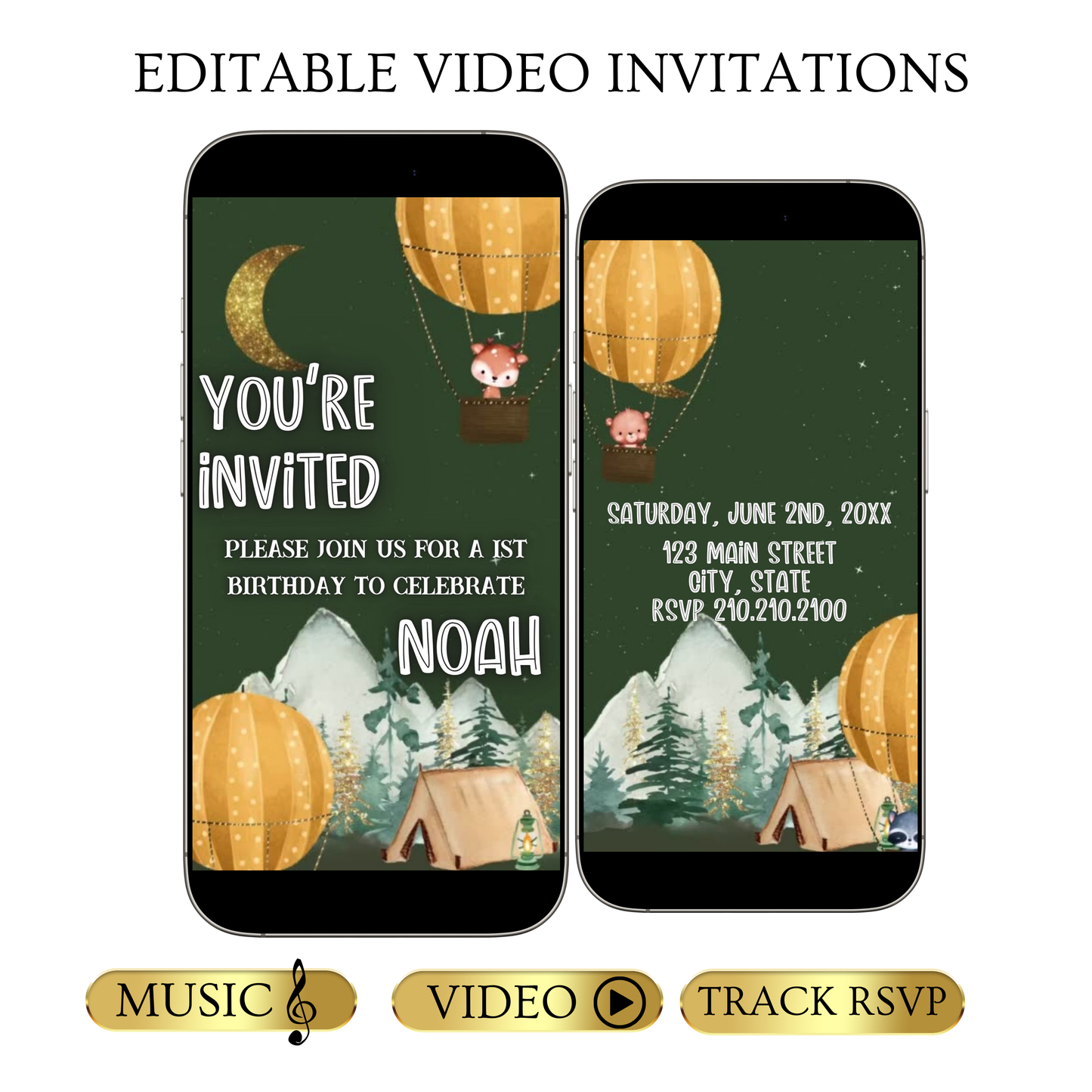 Editable woodland camping 1st birthday birthday video invitation displayed on a mobile phone, featuring an animated vertical digital invite with music, created in Canva. This premium video invitation template is designed for sharing by text, email, and social media and works with an interactive RSVP website for easy guest response tracking.
