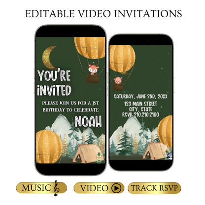 Editable woodland camping 1st birthday birthday video invitation displayed on a mobile phone, featuring an animated vertical digital invite with music, created in Canva. This premium video invitation template is designed for sharing by text, email, and social media and works with an interactive RSVP website for easy guest response tracking.