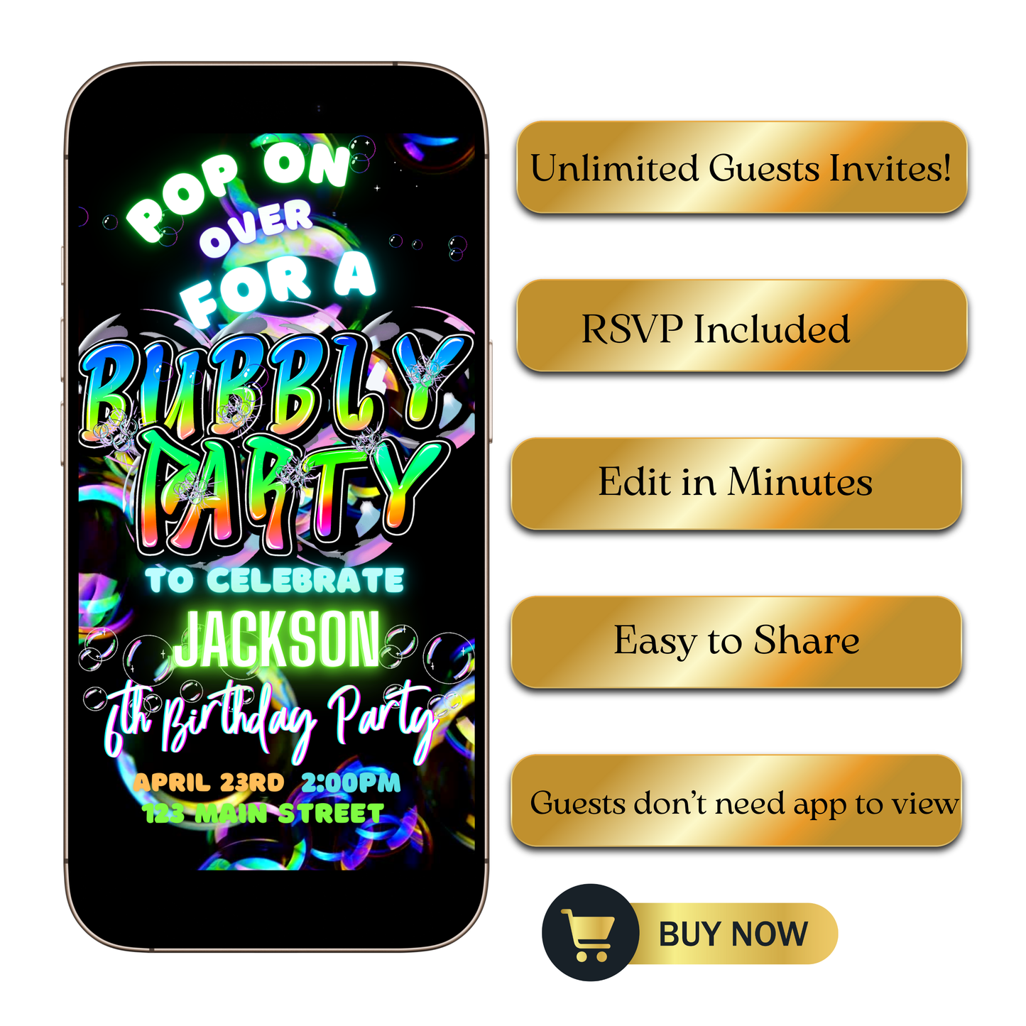 Editable colorful bubble kids birthday party video invitation displayed on a mobile phone, featuring an animated vertical digital invite with music, created in Canva. This premium video invitation template is designed for sharing by text, email, and social media and works with an interactive RSVP website for easy guest response tracking.