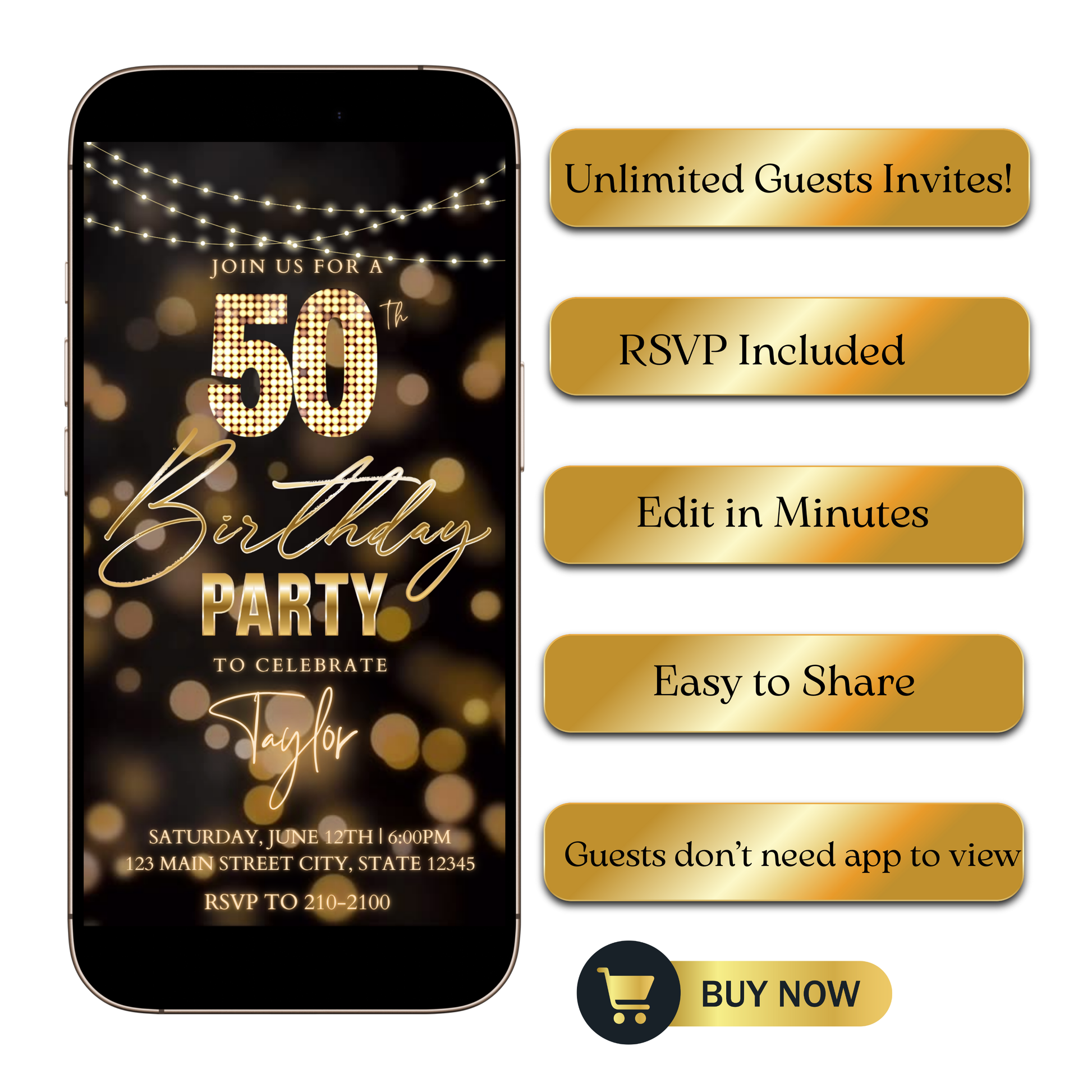 Editable blue gold starry 50th birthday video invitation displayed on a mobile phone, featuring an animated vertical digital invite with music, created in Canva. This premium video invitation template is designed for sharing by text, email, and social media and works with an interactive RSVP website for easy guest response tracking.