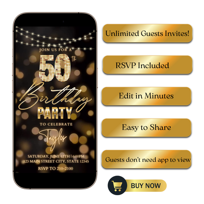 Editable blue gold starry 50th birthday video invitation displayed on a mobile phone, featuring an animated vertical digital invite with music, created in Canva. This premium video invitation template is designed for sharing by text, email, and social media and works with an interactive RSVP website for easy guest response tracking.