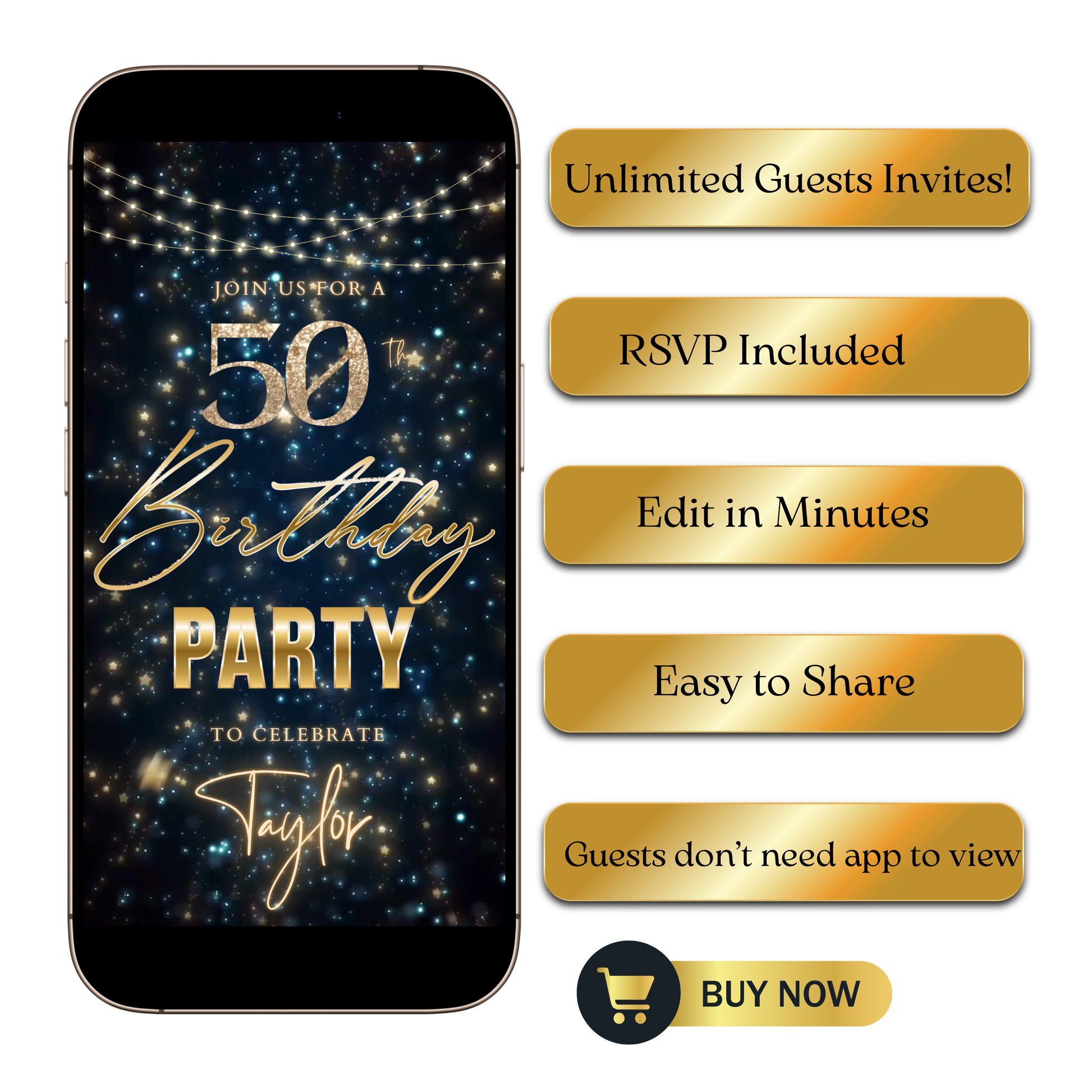 Editable navy blue gold starry 50th birthday video invitation displayed on a mobile phone, featuring an animated vertical digital invite with music, created in Canva. This premium video invitation template is designed for sharing by text, email, and social media and works with an interactive RSVP website for easy guest response tracking.