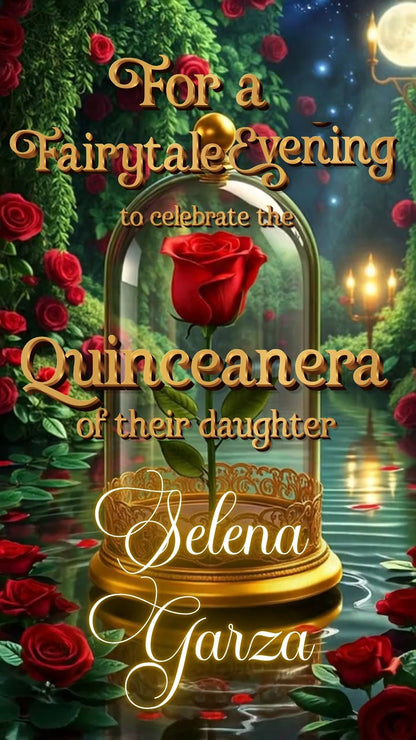Editable beauty and the beast fairytale quinceañera event video invitation displayed on a mobile phone, featuring an animated vertical digital invite with music, created in Canva. This premium video invitation template is designed for sharing by text, email, and social media and works with an interactive RSVP website for easy guest response tracking.