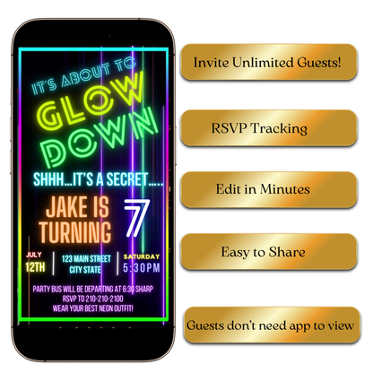 Neon Glow Down party MP4 invitation preview on laptop screen