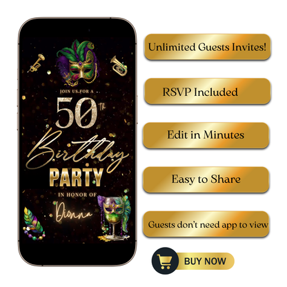 Editable mardi gras masquerade 50th birthday – editable canva animated video invitation displayed on a mobile phone, featuring an animated vertical digital invite with music, created in Canva. This premium video invitation template is designed for sharing by text, email, and social media and works with an interactive RSVP website for easy guest response tracking.