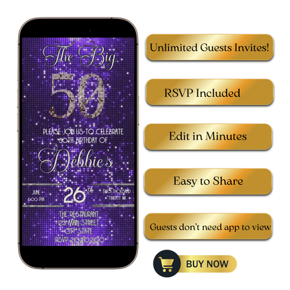 Editable purple sequin 50th birthday video invitation displayed on a mobile phone, featuring an animated vertical digital invite with music, created in Canva. This premium video invitation template is designed for sharing by text, email, and social media and works with an interactive RSVP website for easy guest response tracking.