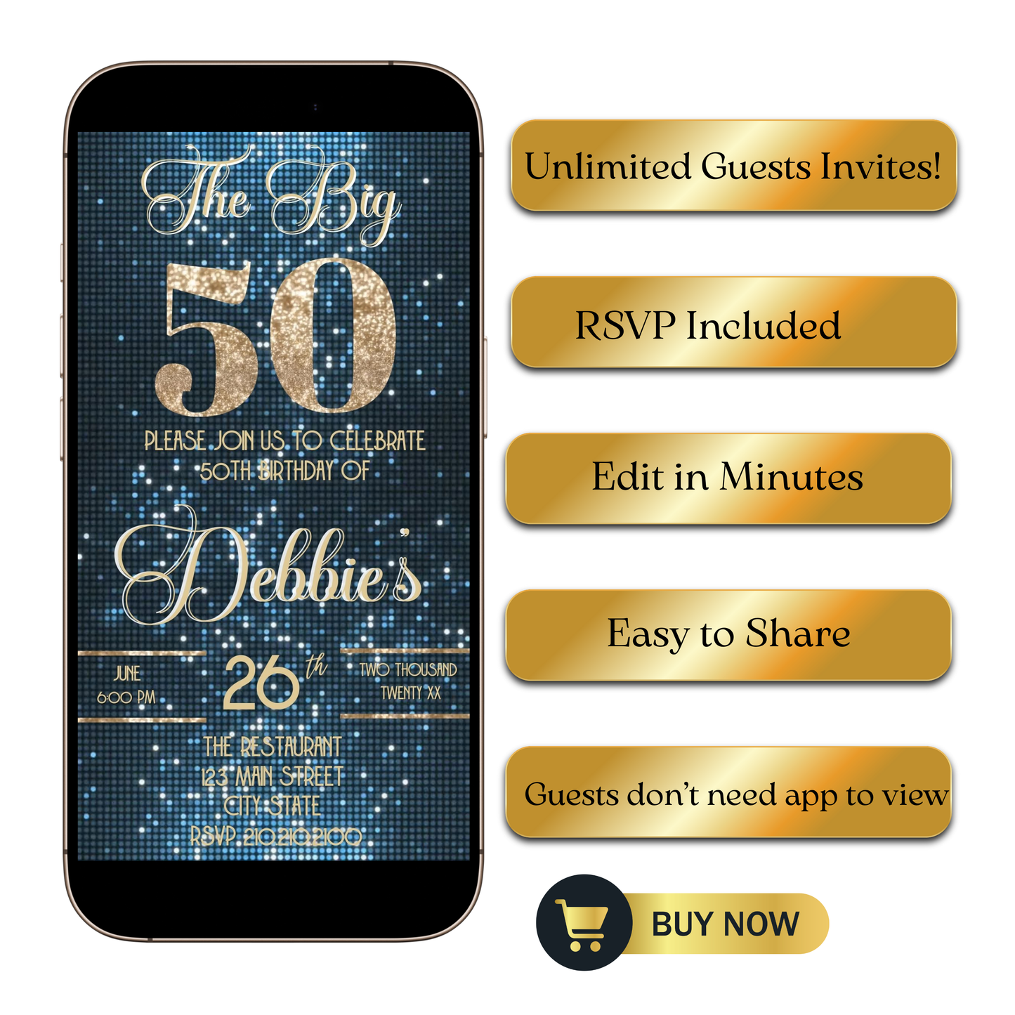 Editable baby blue shimmer 50th birthday video invitation displayed on a mobile phone, featuring an animated vertical digital invite with music, created in Canva. This premium video invitation template is designed for sharing by text, email, and social media and works with an interactive RSVP website for easy guest response tracking.