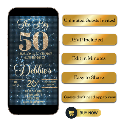 Editable baby blue shimmer 50th birthday video invitation displayed on a mobile phone, featuring an animated vertical digital invite with music, created in Canva. This premium video invitation template is designed for sharing by text, email, and social media and works with an interactive RSVP website for easy guest response tracking.