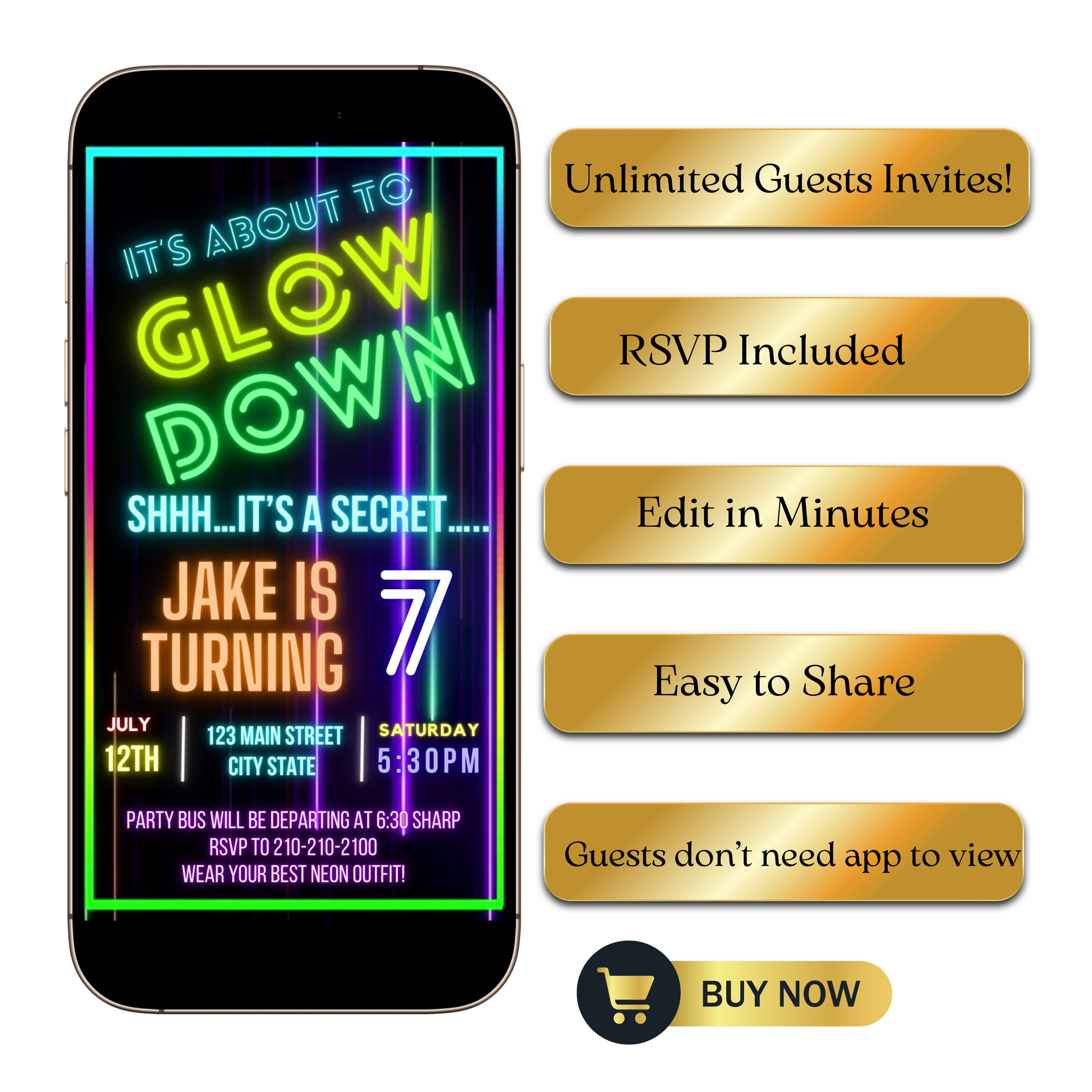 Editable neon glow down birthday video invitation displayed on a mobile phone, featuring an animated vertical digital invite with music, created in Canva. This premium video invitation template is designed for sharing by text, email, and social media and works with an interactive RSVP website for easy guest response tracking.
