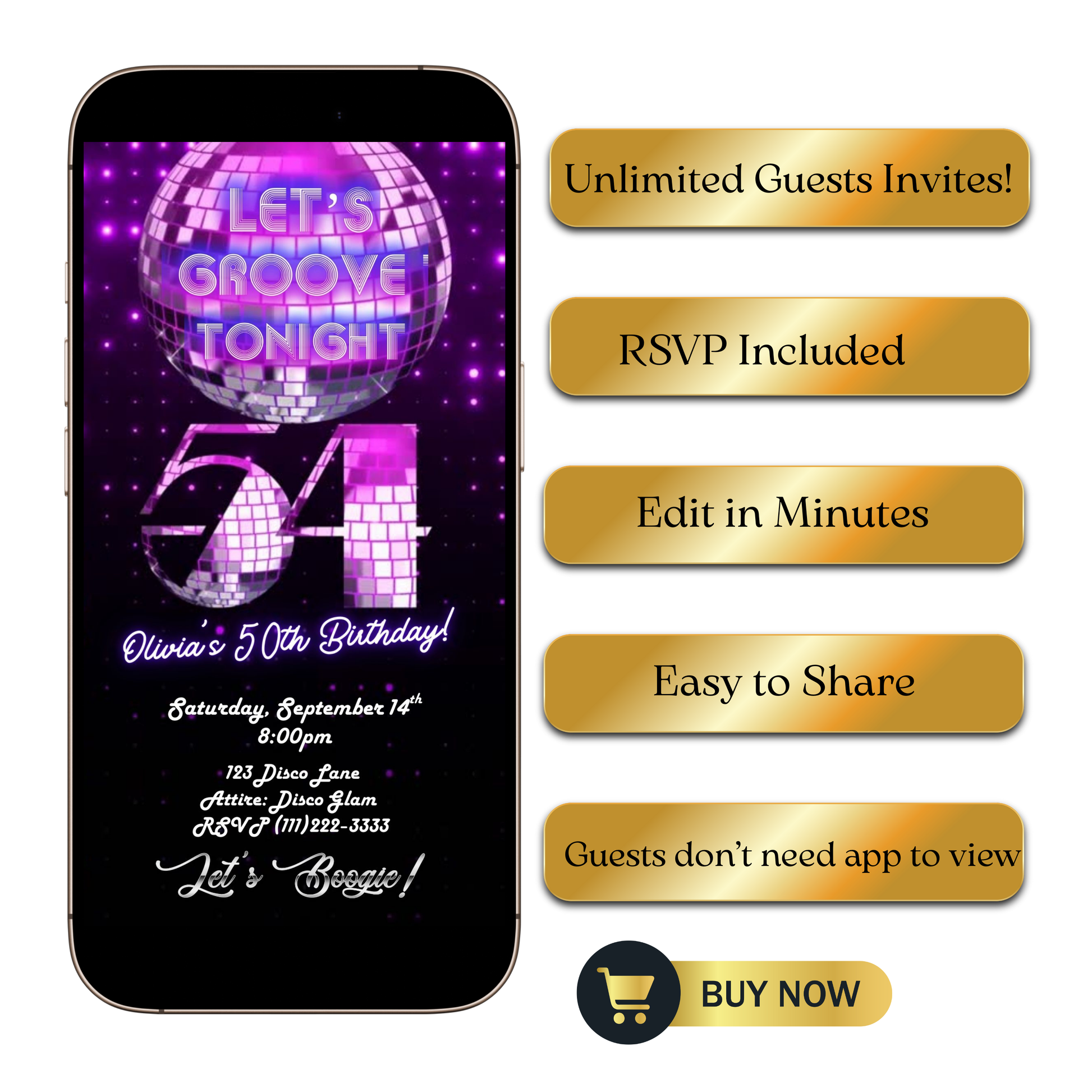 Editable purple disco 54th birthday video invitation displayed on a mobile phone, featuring an animated vertical digital invite with music, created in Canva. This premium video invitation template is designed for sharing by text, email, and social media and works with an interactive RSVP website for easy guest response tracking.