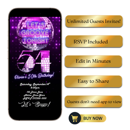 Editable purple disco 54th birthday video invitation displayed on a mobile phone, featuring an animated vertical digital invite with music, created in Canva. This premium video invitation template is designed for sharing by text, email, and social media and works with an interactive RSVP website for easy guest response tracking.