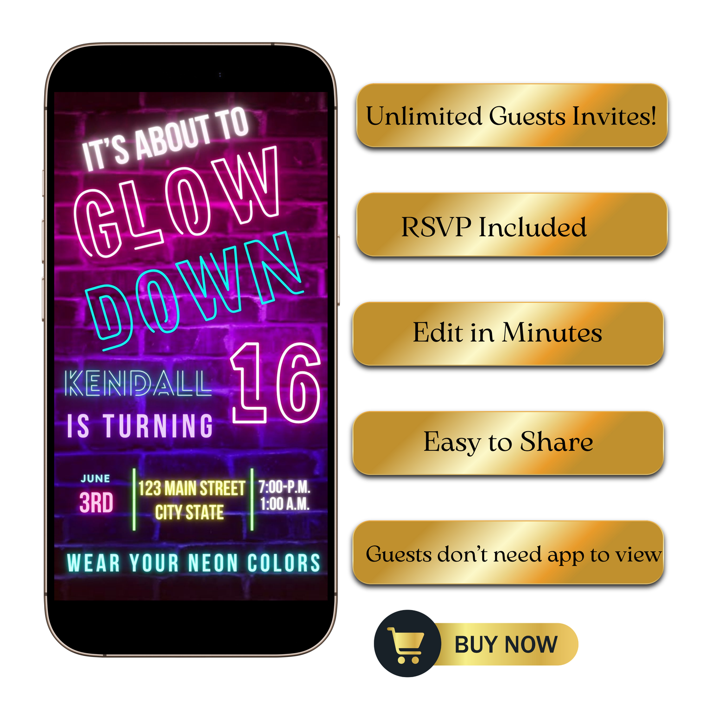 Editable neon glow brick sweet 16 birthday video invitation displayed on a mobile phone, featuring an animated vertical digital invite with music, created in Canva. This premium video invitation template is designed for sharing by text, email, and social media and works with an interactive RSVP website for easy guest response tracking.