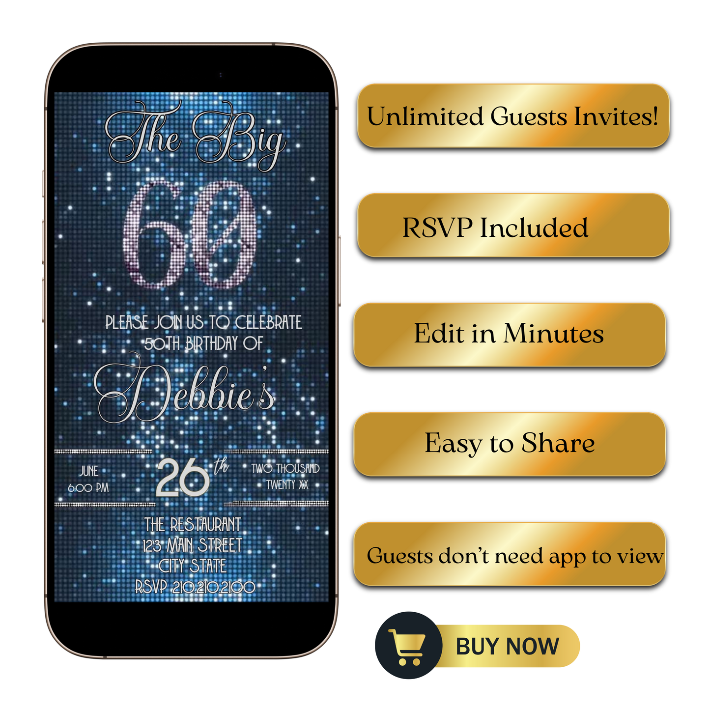 Editable blue sequin 60th birthday video invitation displayed on a mobile phone, featuring an animated vertical digital invite with music, created in Canva. This premium video invitation template is designed for sharing by text, email, and social media and works with an interactive RSVP website for easy guest response tracking.