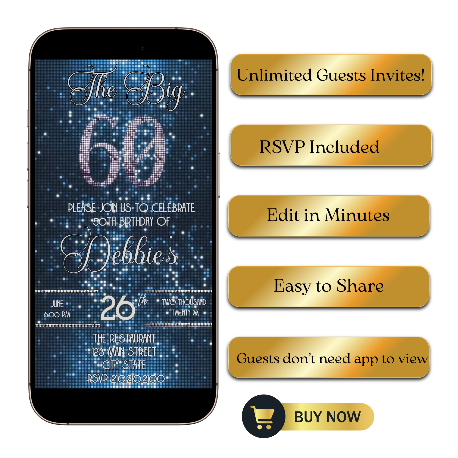 Editable blue sequin 60th birthday video invitation displayed on a mobile phone, featuring an animated vertical digital invite with music, created in Canva. This premium video invitation template is designed for sharing by text, email, and social media and works with an interactive RSVP website for easy guest response tracking.
