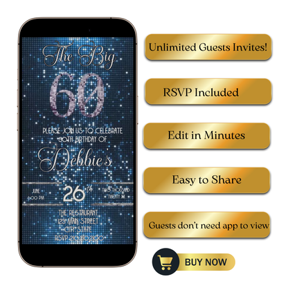 Editable blue sequin 60th birthday video invitation displayed on a mobile phone, featuring an animated vertical digital invite with music, created in Canva. This premium video invitation template is designed for sharing by text, email, and social media and works with an interactive RSVP website for easy guest response tracking.