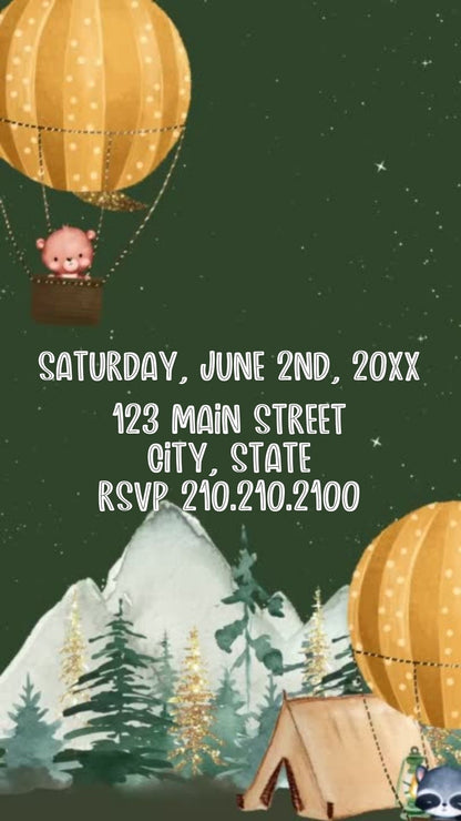 Editable woodland camping 1st birthday birthday video invitation displayed on a mobile phone, featuring an animated vertical digital invite with music, created in Canva. This premium video invitation template is designed for sharing by text, email, and social media and works with an interactive RSVP website for easy guest response tracking.