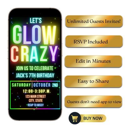 Editable neon glow kids birthday video invitation displayed on a mobile phone, featuring an animated vertical digital invite with music, created in Canva. This premium video invitation template is designed for sharing by text, email, and social media and works with an interactive RSVP website for easy guest response tracking.