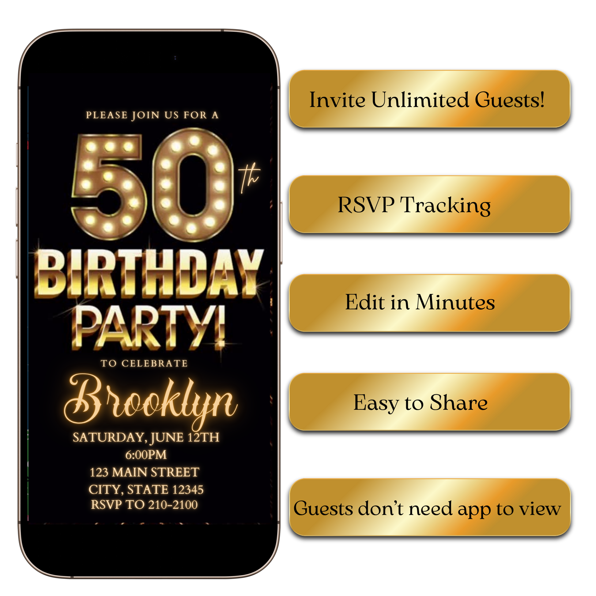 Digital Gold Lights Marquee Video Invitation MP4 Invite