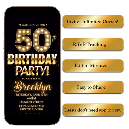 Digital Gold Lights Marquee Video Invitation MP4 Invite