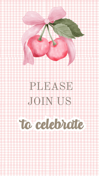 Cherry-inspired video invitation design with playful fonts