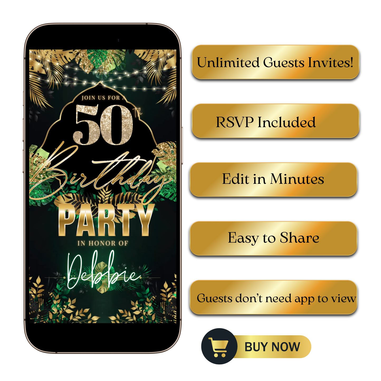 Editable tropical green gold 50th birthday video invitation displayed on a mobile phone, featuring an animated vertical digital invite with music, created in Canva. This premium video invitation template is designed for sharing by text, email, and social media and works with an interactive RSVP website for easy guest response tracking.