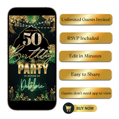 Editable tropical green gold 50th birthday video invitation displayed on a mobile phone, featuring an animated vertical digital invite with music, created in Canva. This premium video invitation template is designed for sharing by text, email, and social media and works with an interactive RSVP website for easy guest response tracking.