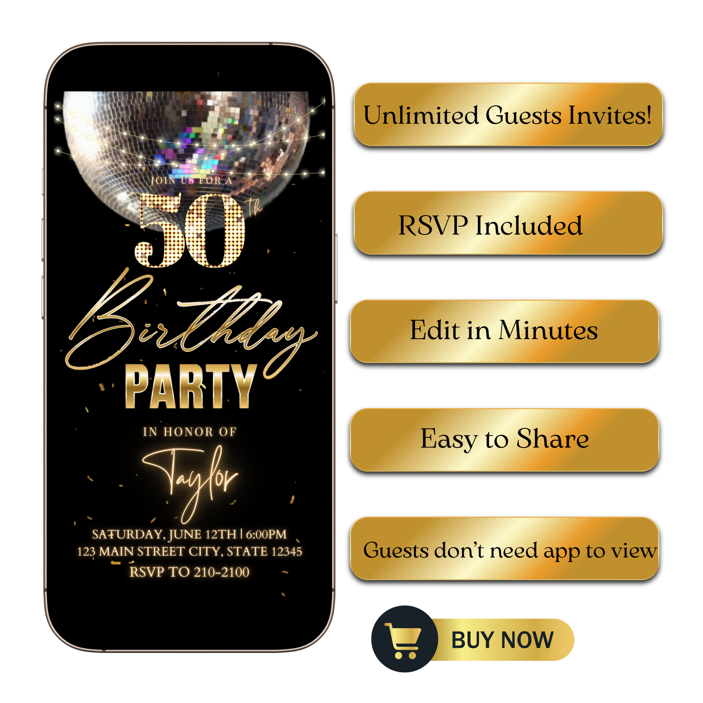 Editable black gold elegant 50th birthday video invitation displayed on a mobile phone, featuring an animated vertical digital invite with music, created in Canva. This premium video invitation template is designed for sharing by text, email, and social media and works with an interactive RSVP website for easy guest response tracking.