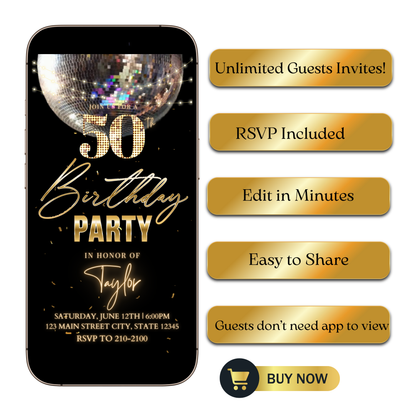Editable black gold elegant 50th birthday video invitation displayed on a mobile phone, featuring an animated vertical digital invite with music, created in Canva. This premium video invitation template is designed for sharing by text, email, and social media and works with an interactive RSVP website for easy guest response tracking.