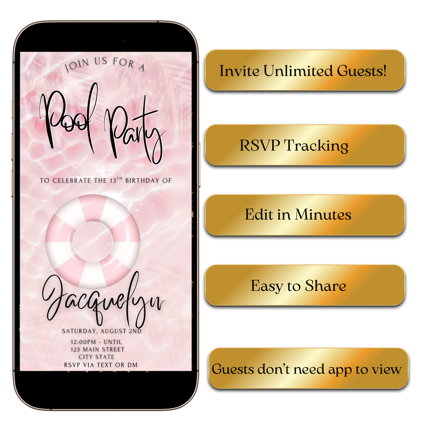 Editable digital pool party invite displayed on smartphone