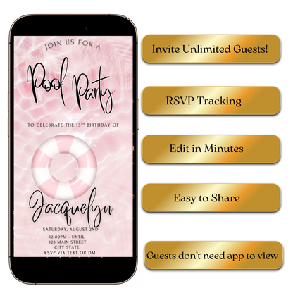 Editable digital pool party invite displayed on smartphone