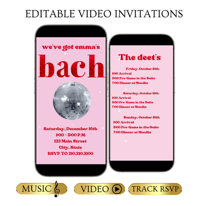 Editable disco bachelorette party party video invitation displayed on a mobile phone, featuring an animated vertical digital invite with music, created in Canva. This premium video invitation template is designed for sharing by text, email, and social media and works with an interactive RSVP website for easy guest response tracking.