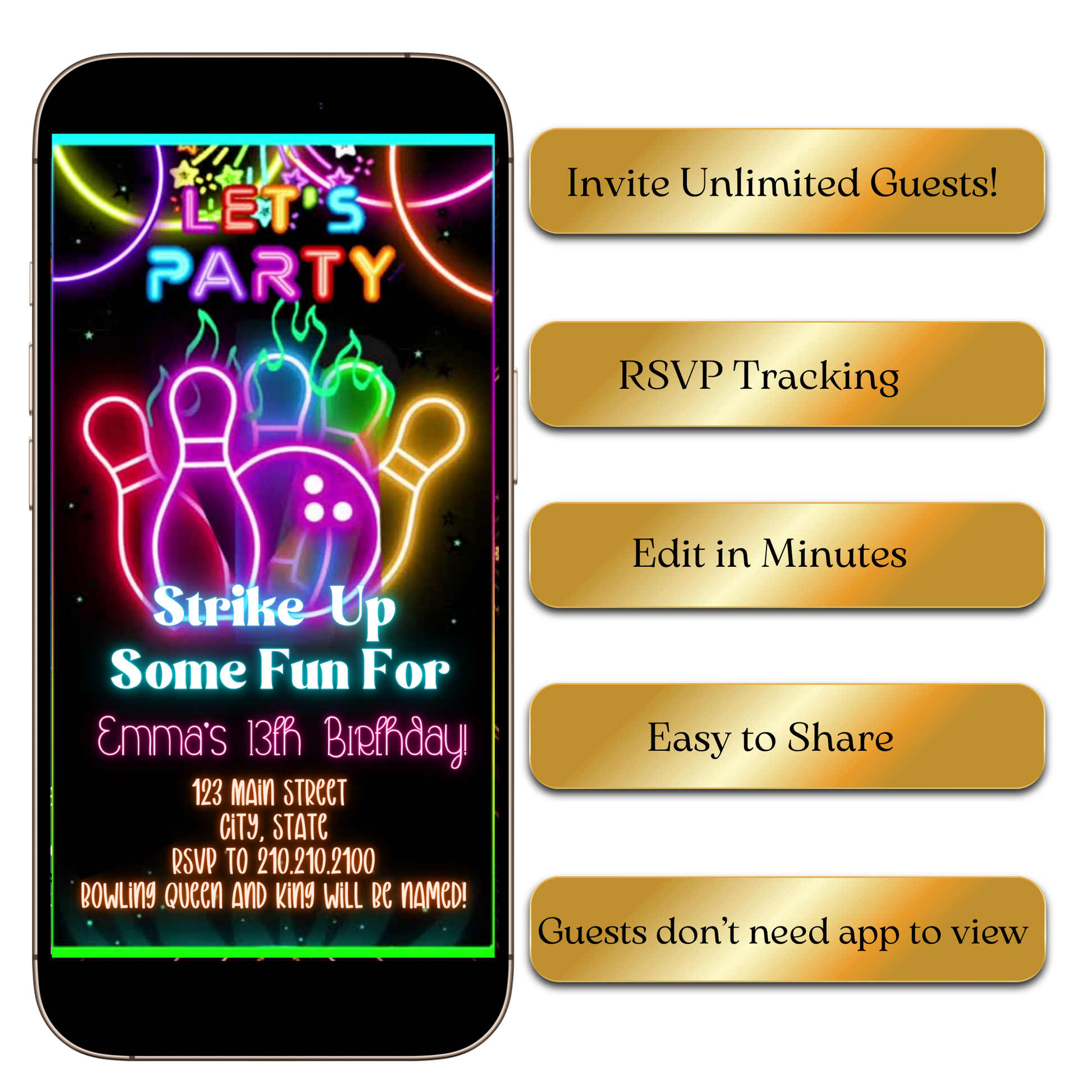 Editable Neon Glow Bowling Party Video Invitation