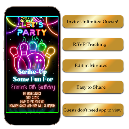 Editable Neon Glow Bowling Party Video Invitation