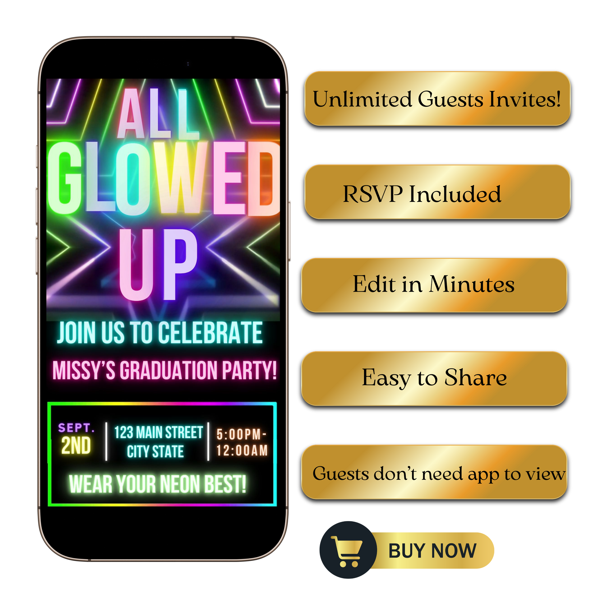 Editable neon glow graduation party video invitation displayed on a mobile phone, featuring an animated vertical digital invite with music, created in Canva. This premium video invitation template is designed for sharing by text, email, and social media and works with an interactive RSVP website for easy guest response tracking.