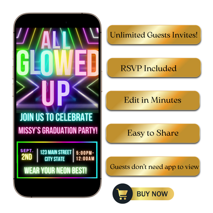 Editable neon glow graduation party video invitation displayed on a mobile phone, featuring an animated vertical digital invite with music, created in Canva. This premium video invitation template is designed for sharing by text, email, and social media and works with an interactive RSVP website for easy guest response tracking.