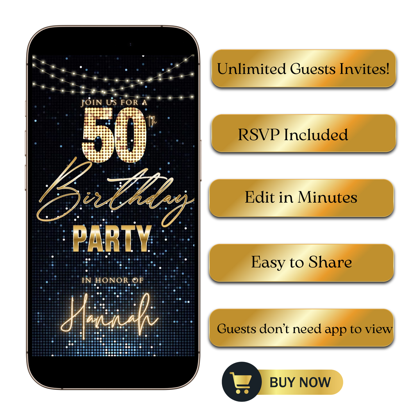Editable gold stars 50th birthday party video invitation displayed on a mobile phone, featuring an animated vertical digital invite with music, created in Canva. This premium video invitation template is designed for sharing by text, email, and social media and works with an interactive RSVP website for easy guest response tracking.
