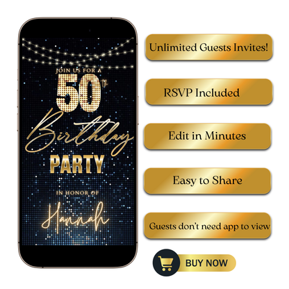 Editable gold stars 50th birthday party video invitation displayed on a mobile phone, featuring an animated vertical digital invite with music, created in Canva. This premium video invitation template is designed for sharing by text, email, and social media and works with an interactive RSVP website for easy guest response tracking.