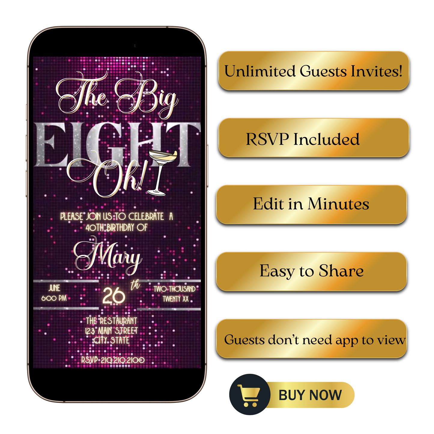 Editable violet gold 80th birthday video invitation displayed on a mobile phone, featuring an animated vertical digital invite with music, created in Canva. This premium video invitation template is designed for sharing by text, email, and social media and works with an interactive RSVP website for easy guest response tracking.