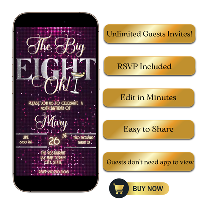 Editable violet gold 80th birthday video invitation displayed on a mobile phone, featuring an animated vertical digital invite with music, created in Canva. This premium video invitation template is designed for sharing by text, email, and social media and works with an interactive RSVP website for easy guest response tracking.