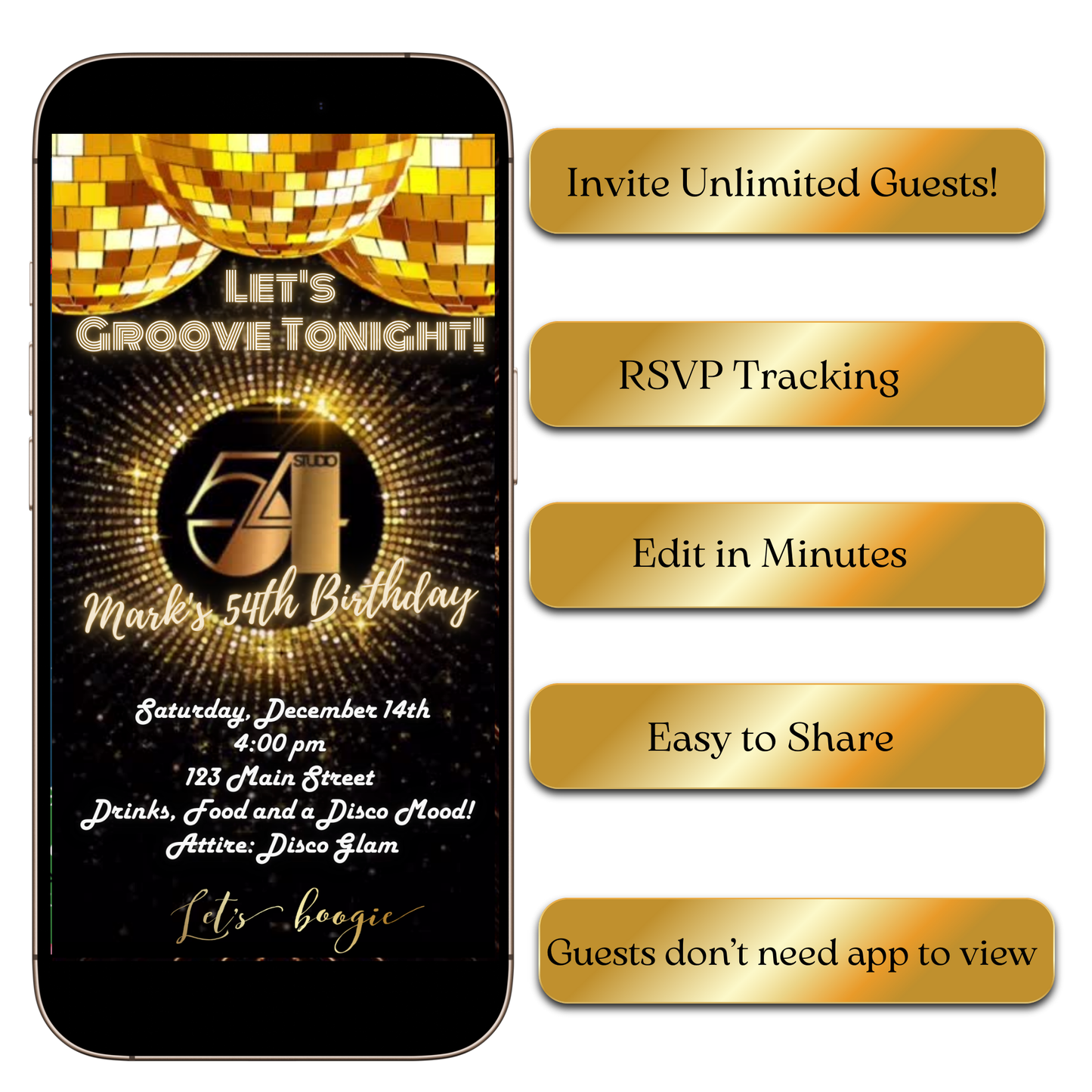 Editable Studio 54 theme digital birthday invite on smartphone